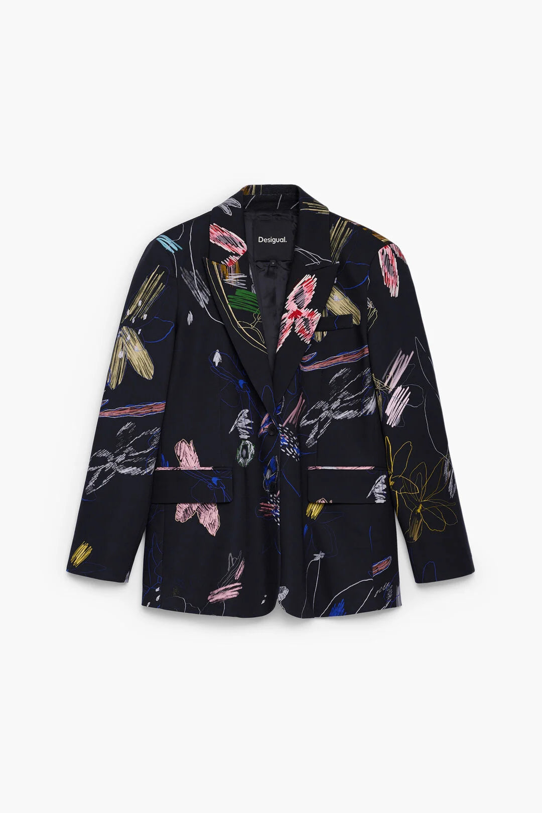 Desigual Black Cotton Blazer with Floral Pattern