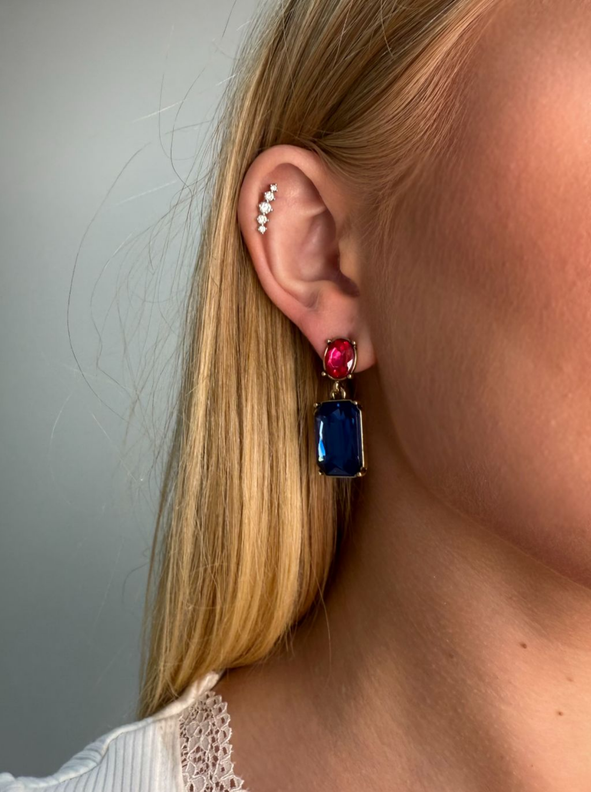 Last True Angel Navy Blue Oval Twin Gem Stud Dangle Earrings with Pink Detail