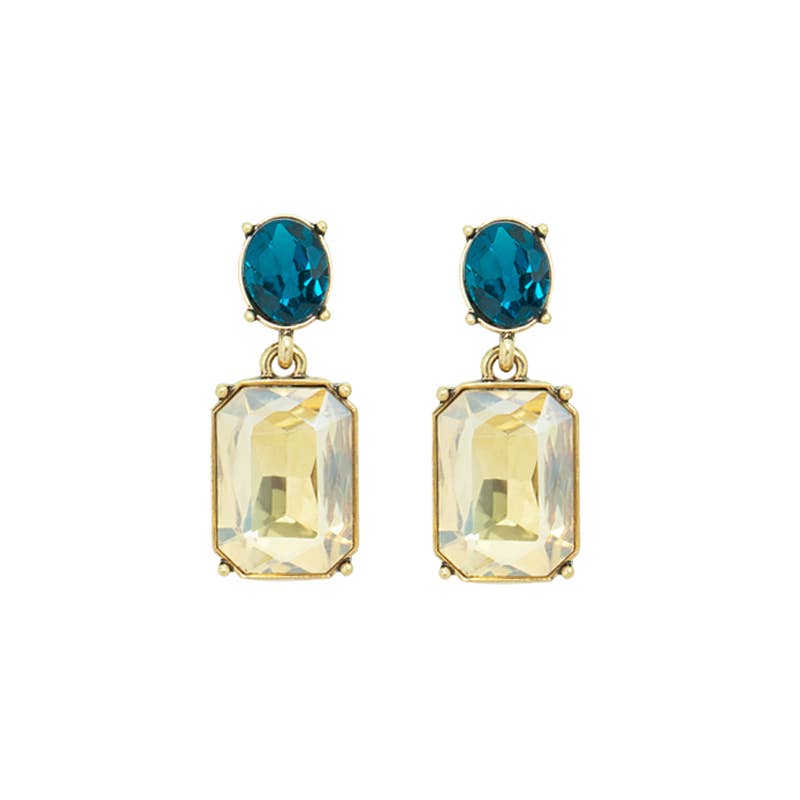 Last True Angel Smokey Oval Twin Gem Stud Dangle Earrings with Deep Blue Detail