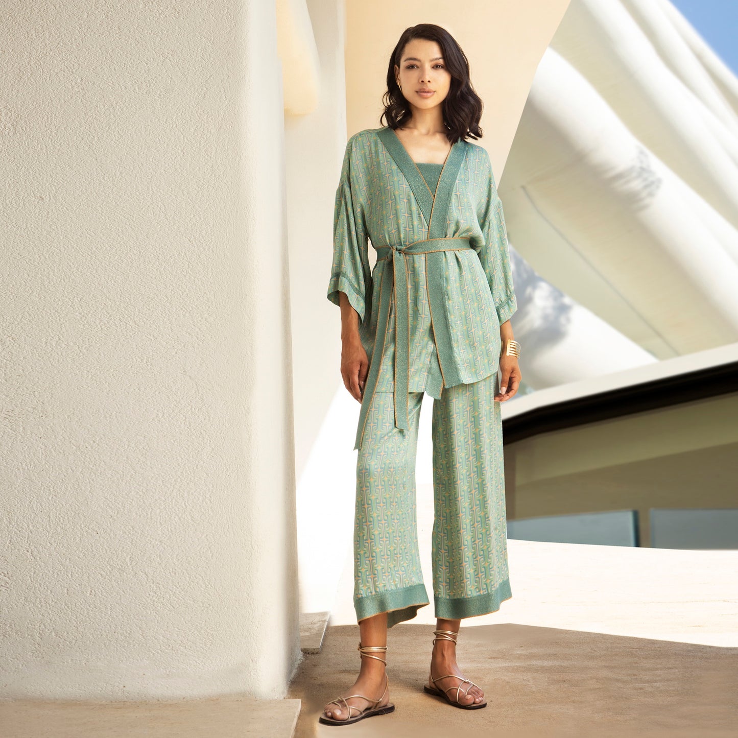 Aggel Aloe Green Geometric Print Cropped Satin Trousers