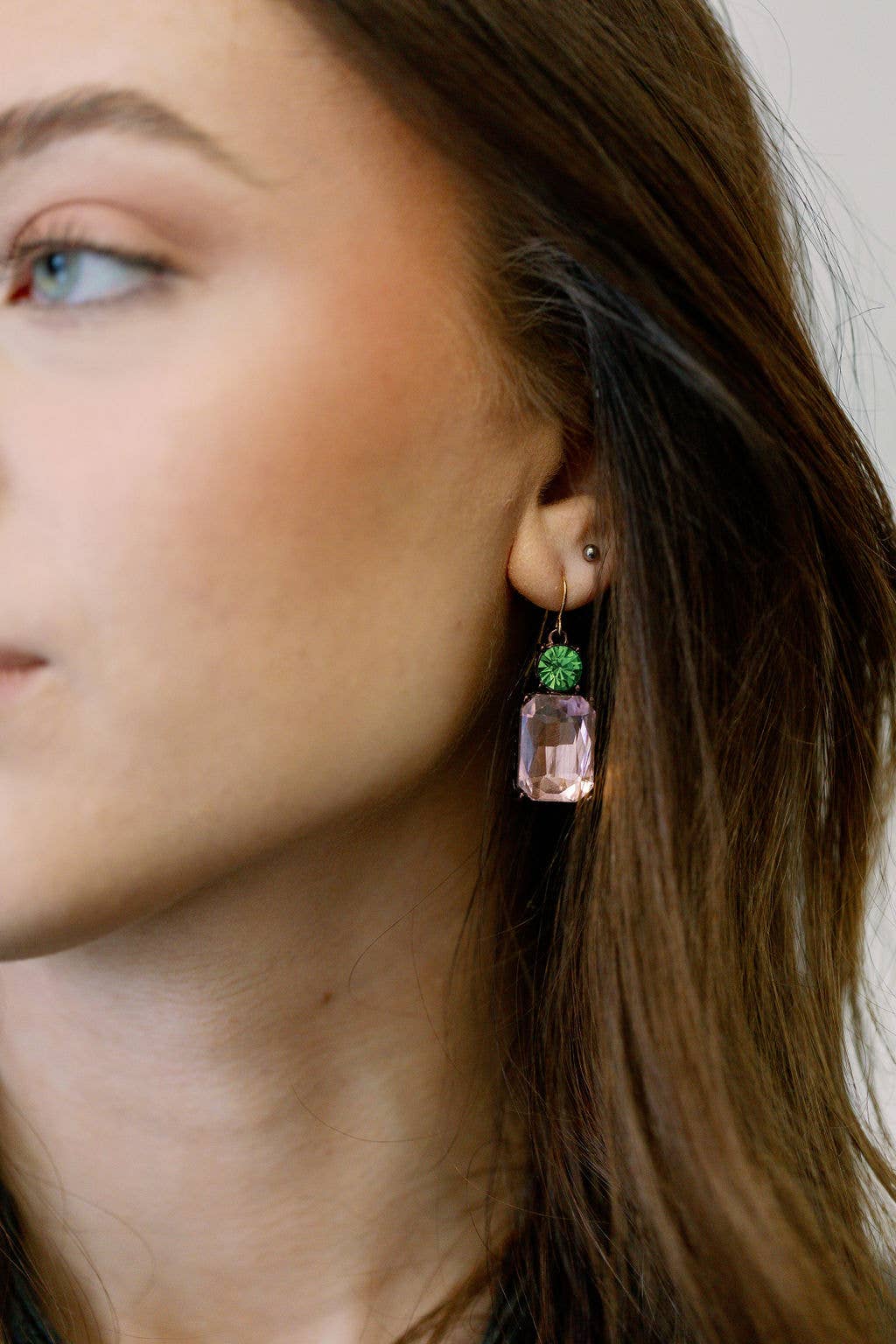 Last True Angel Pink Twin Gem Hook-Thru Earrings with Green Detail