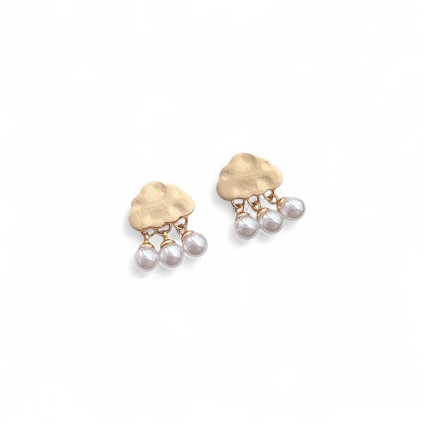 Last True Angel Gold Cloud Stud Earrings with Pearl Rain Droplets