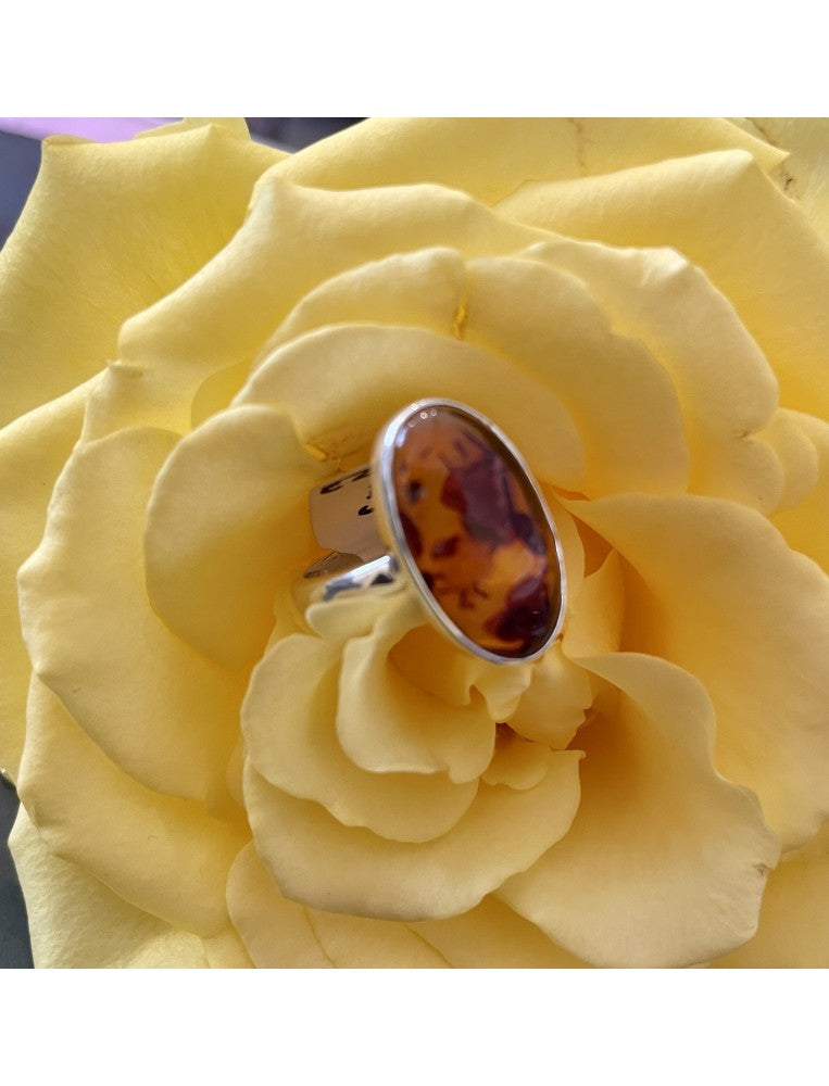 Oval Silver and Golden Baltic Amber Ring