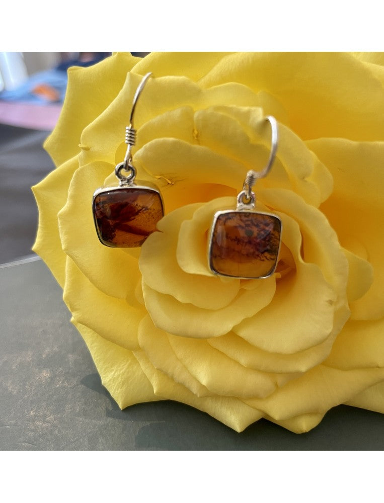 Square Golden Amber and Silver Earrings
