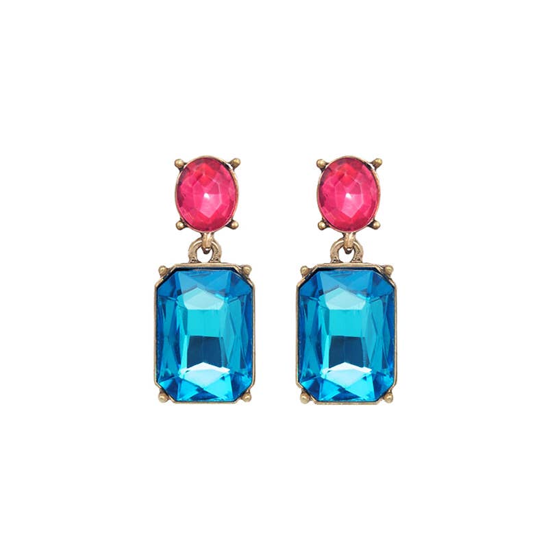Last True Angel Azure Blue Twin Gem Stud Dangle Earrings with Rose Pink Detail
