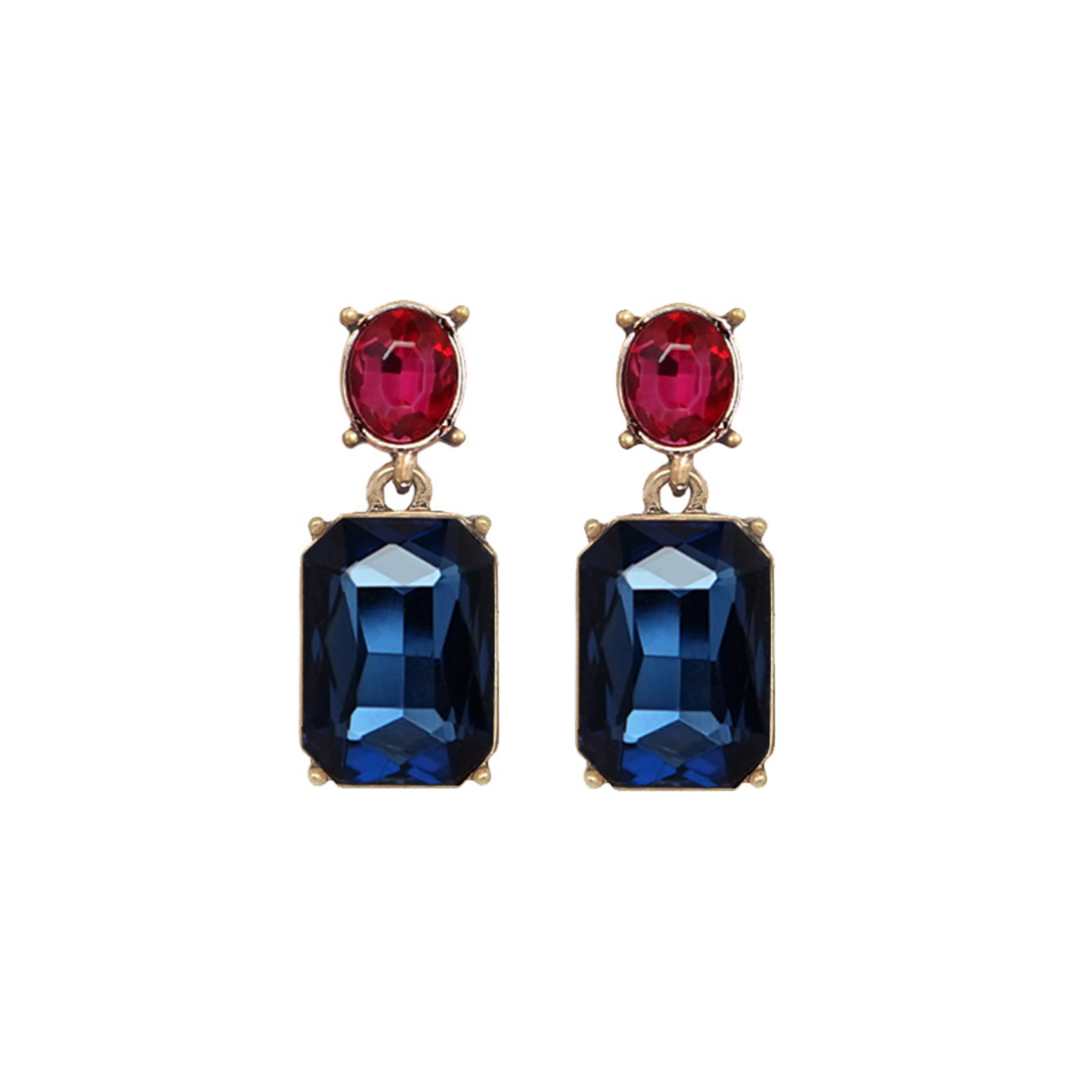 Last True Angel Navy Blue Oval Twin Gem Stud Dangle Earrings with Pink Detail