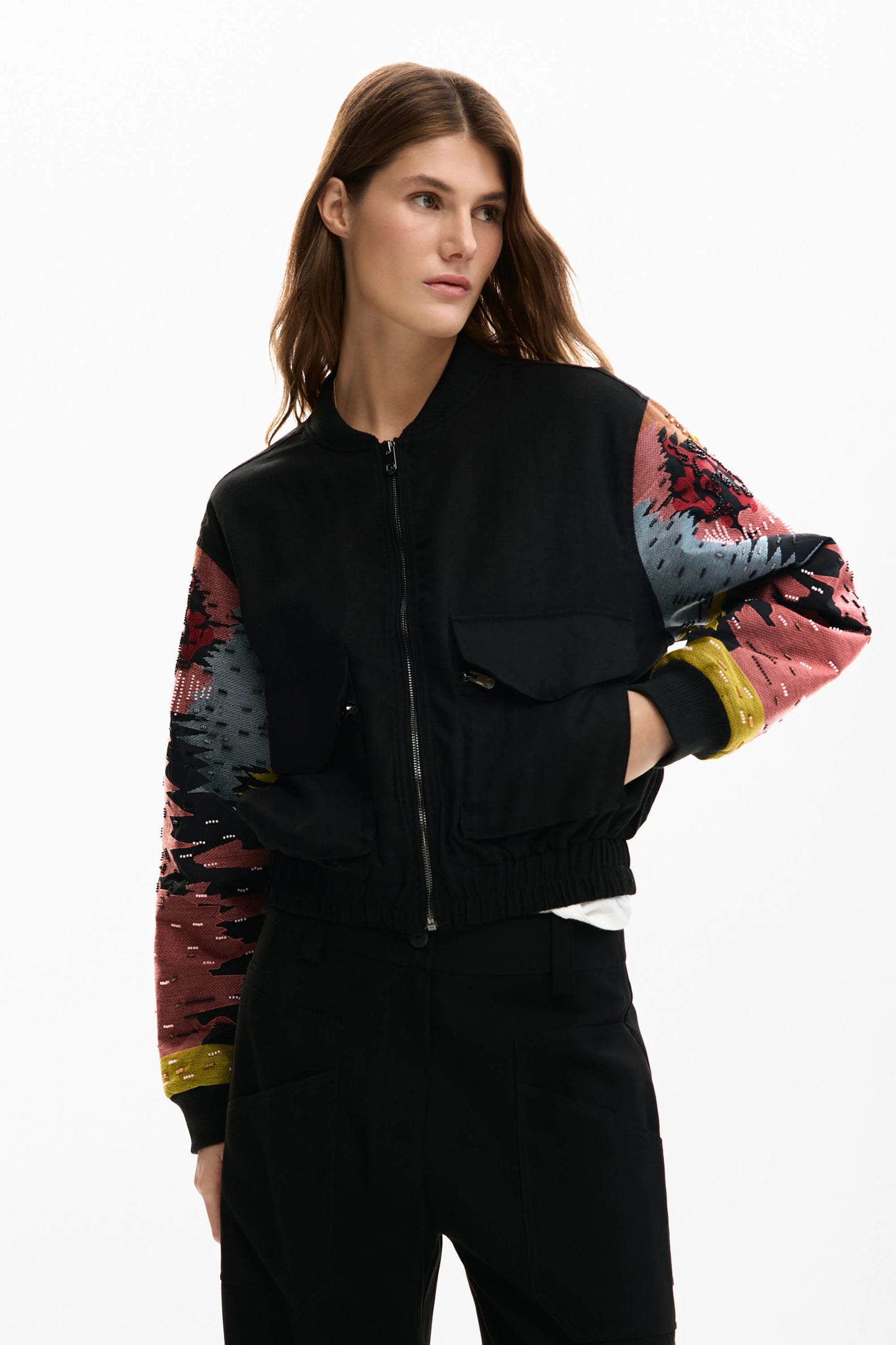 Desigual Black Embroidered Bomber Jacket