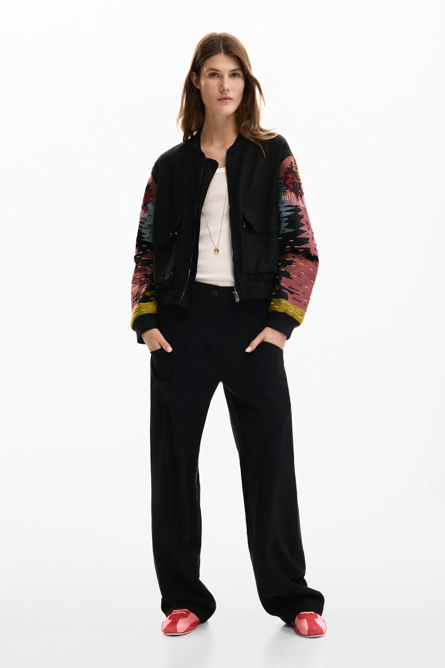 Desigual Black Embroidered Bomber Jacket