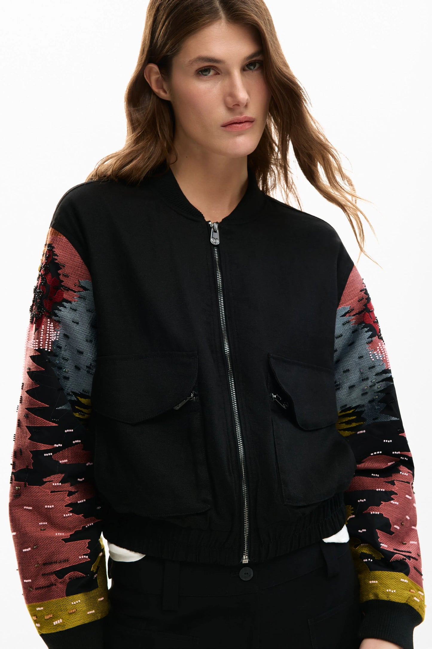 Desigual Black Embroidered Bomber Jacket