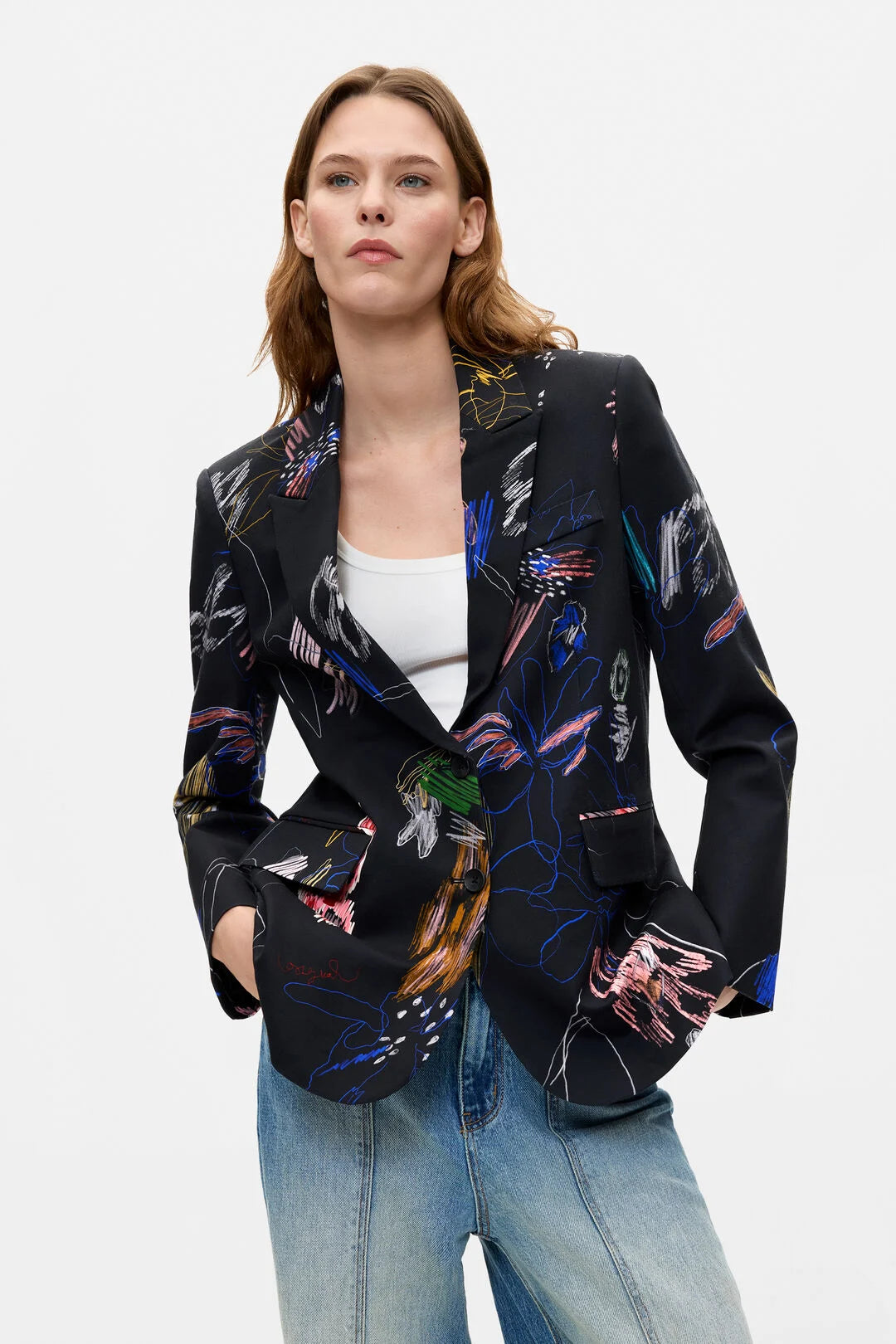 Desigual Black Cotton Blazer with Floral  Pattern