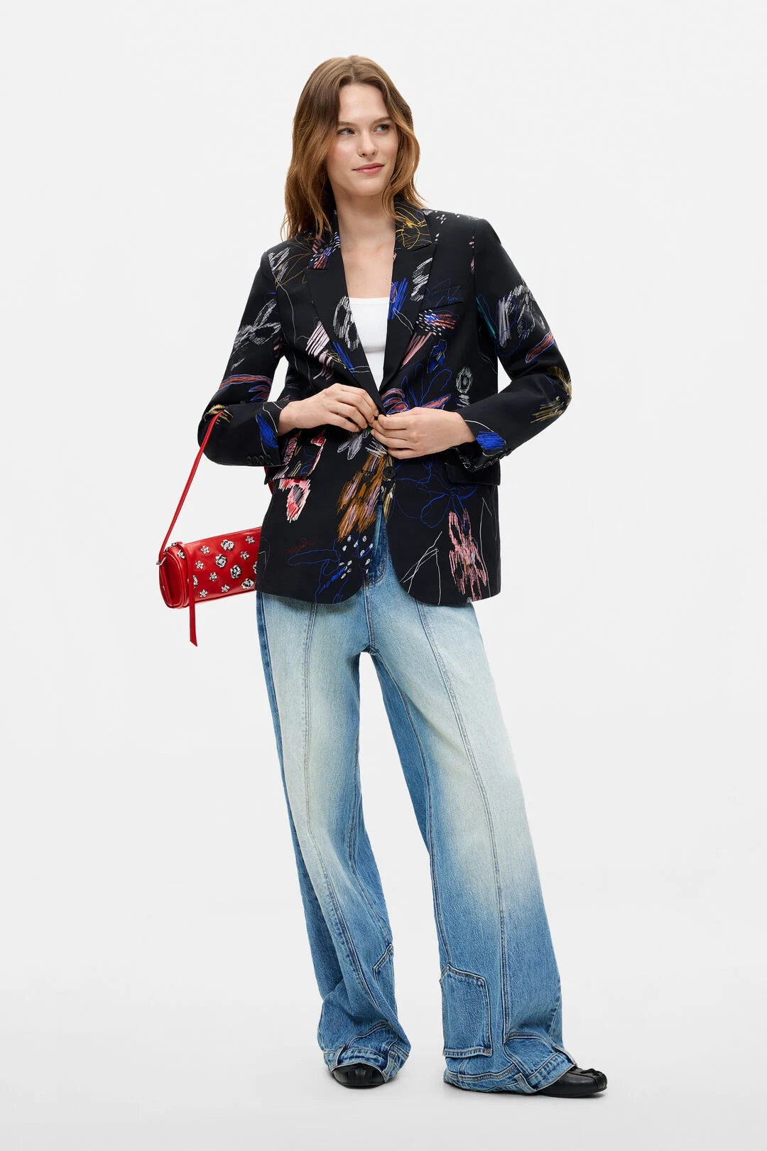 Desigual Black Cotton Blazer with Floral  Pattern