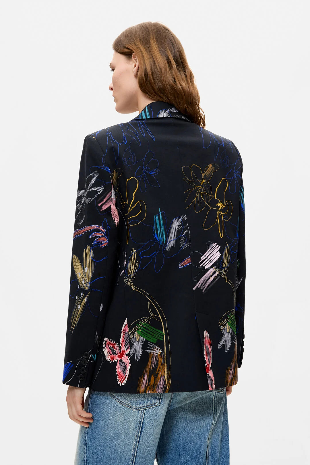 Desigual Black Cotton Blazer with Floral  Pattern