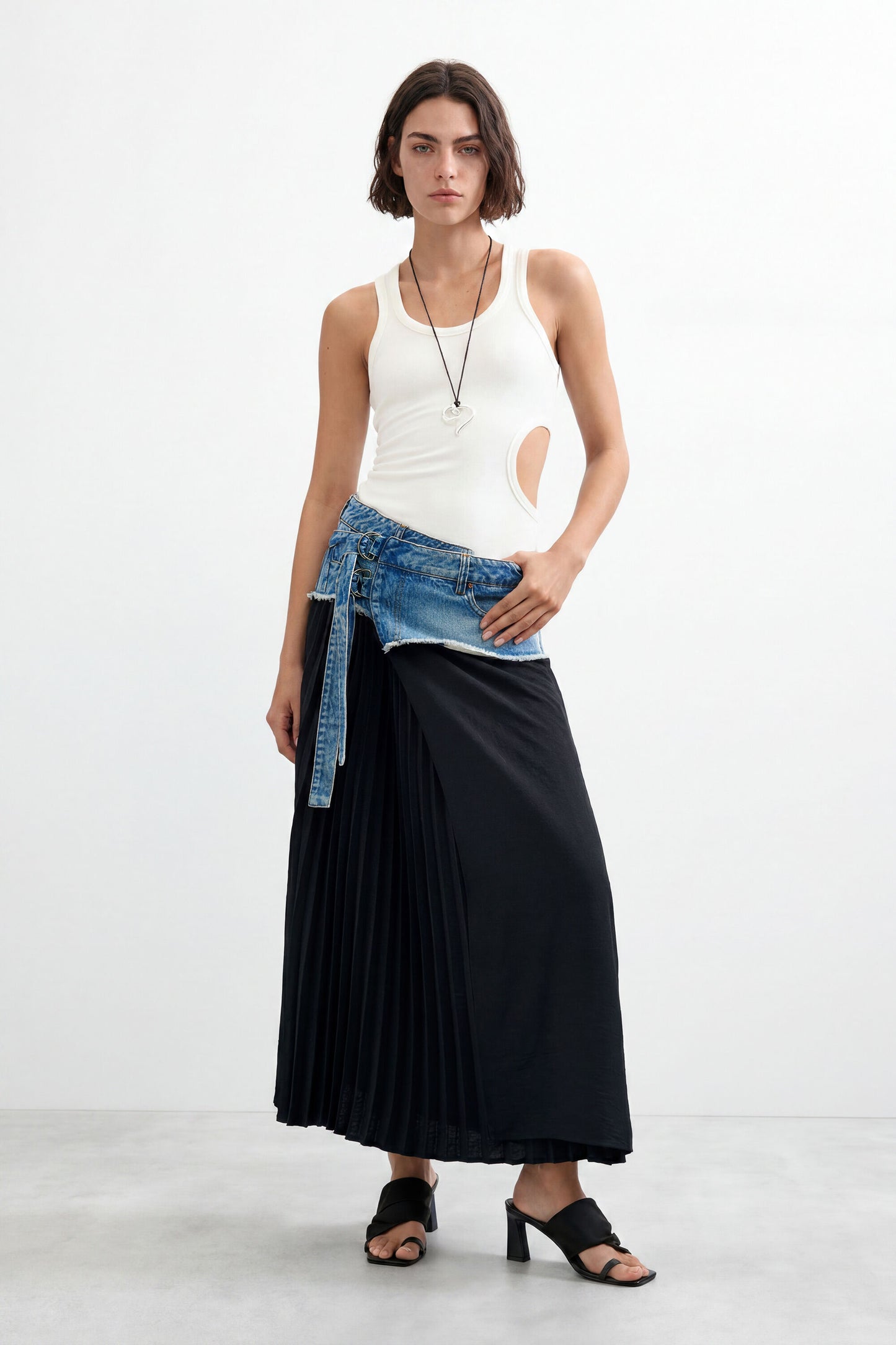 Desigual Pleated Denim/Black Midi Skirt