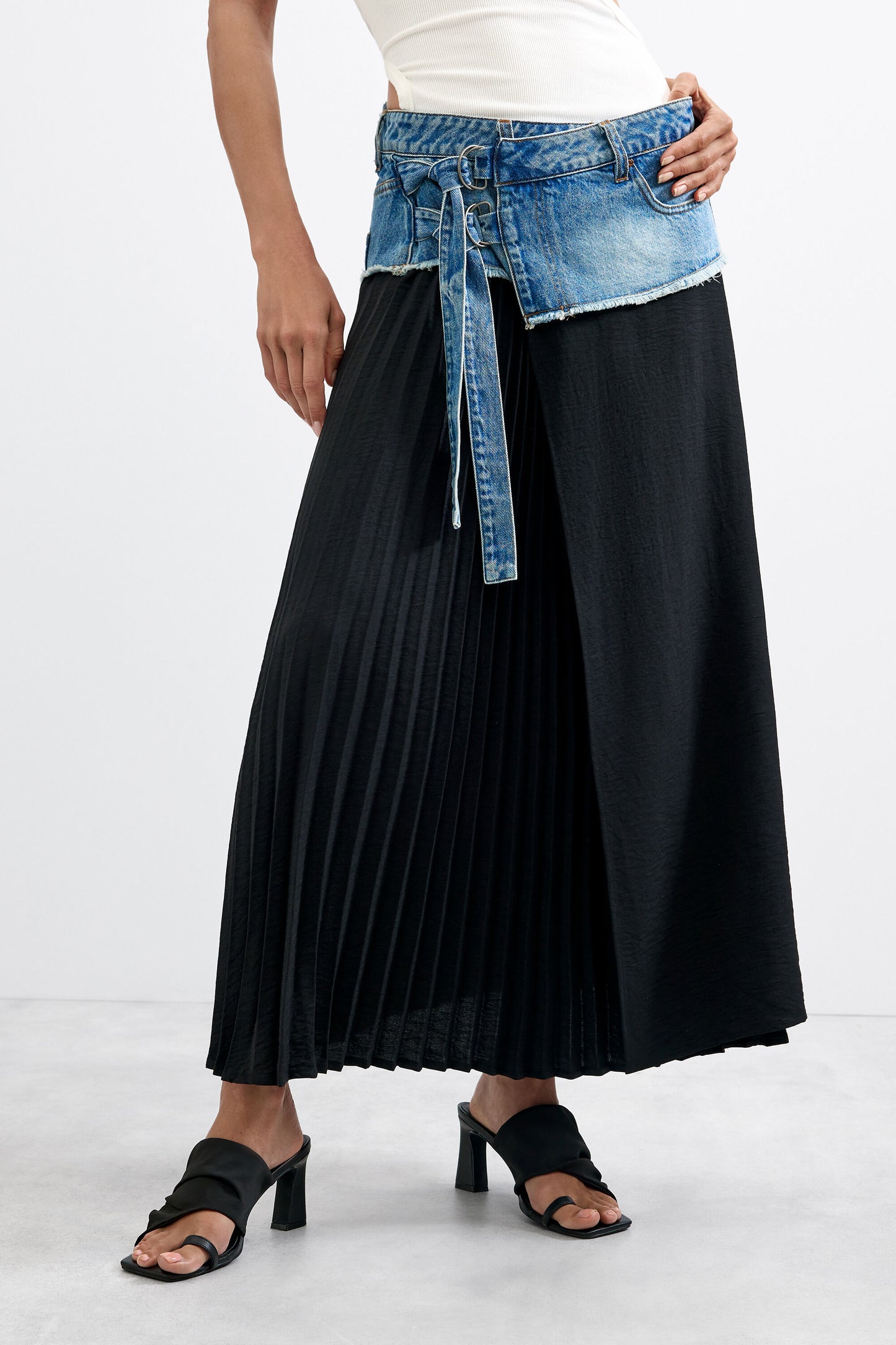Desigual Pleated Denim/Black Midi Skirt