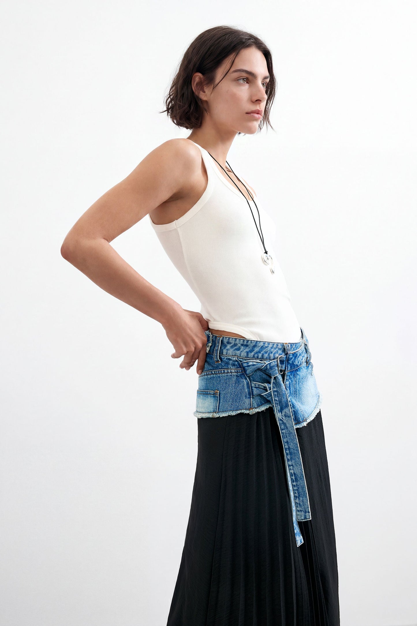 Desigual Pleated Denim/Black Midi Skirt