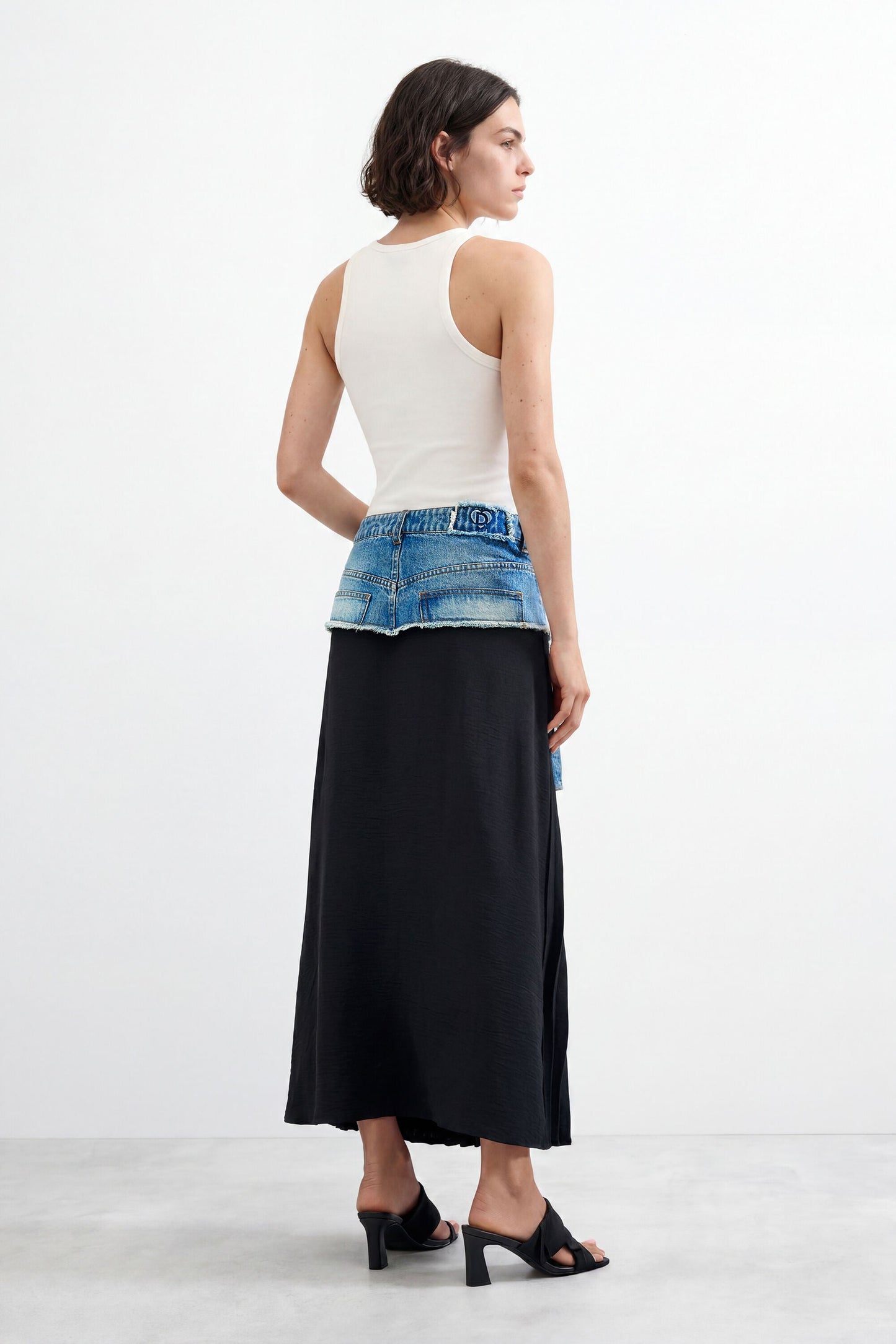 Desigual Pleated Denim/Black Midi Skirt