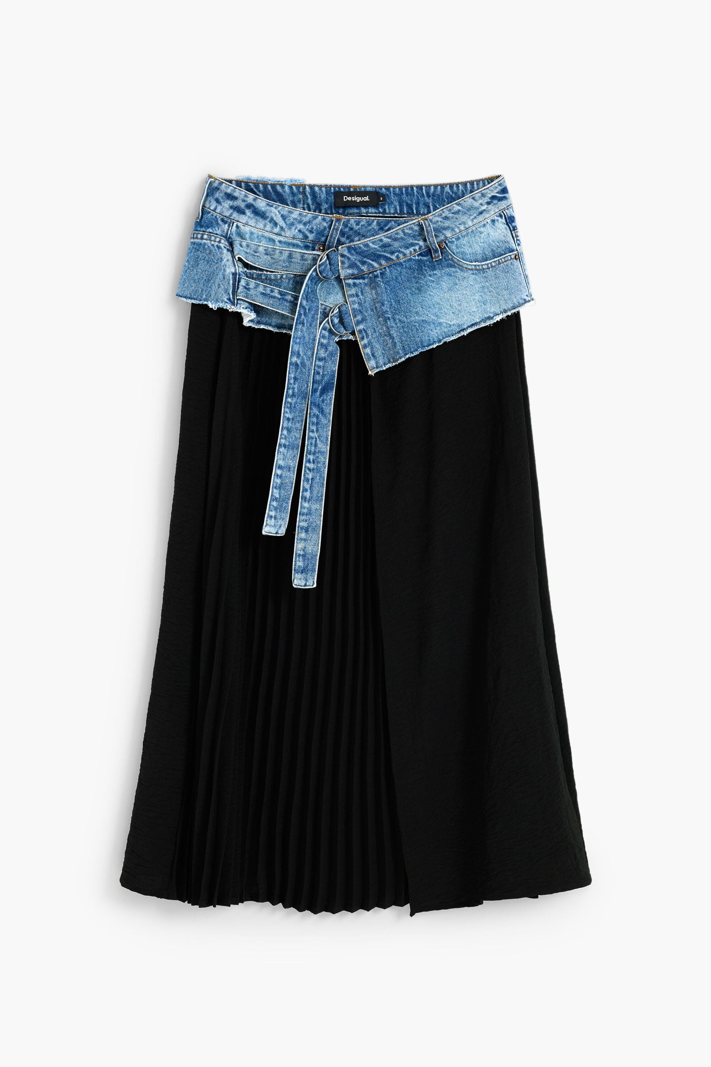 Desigual Pleated Denim/Black Midi Skirt