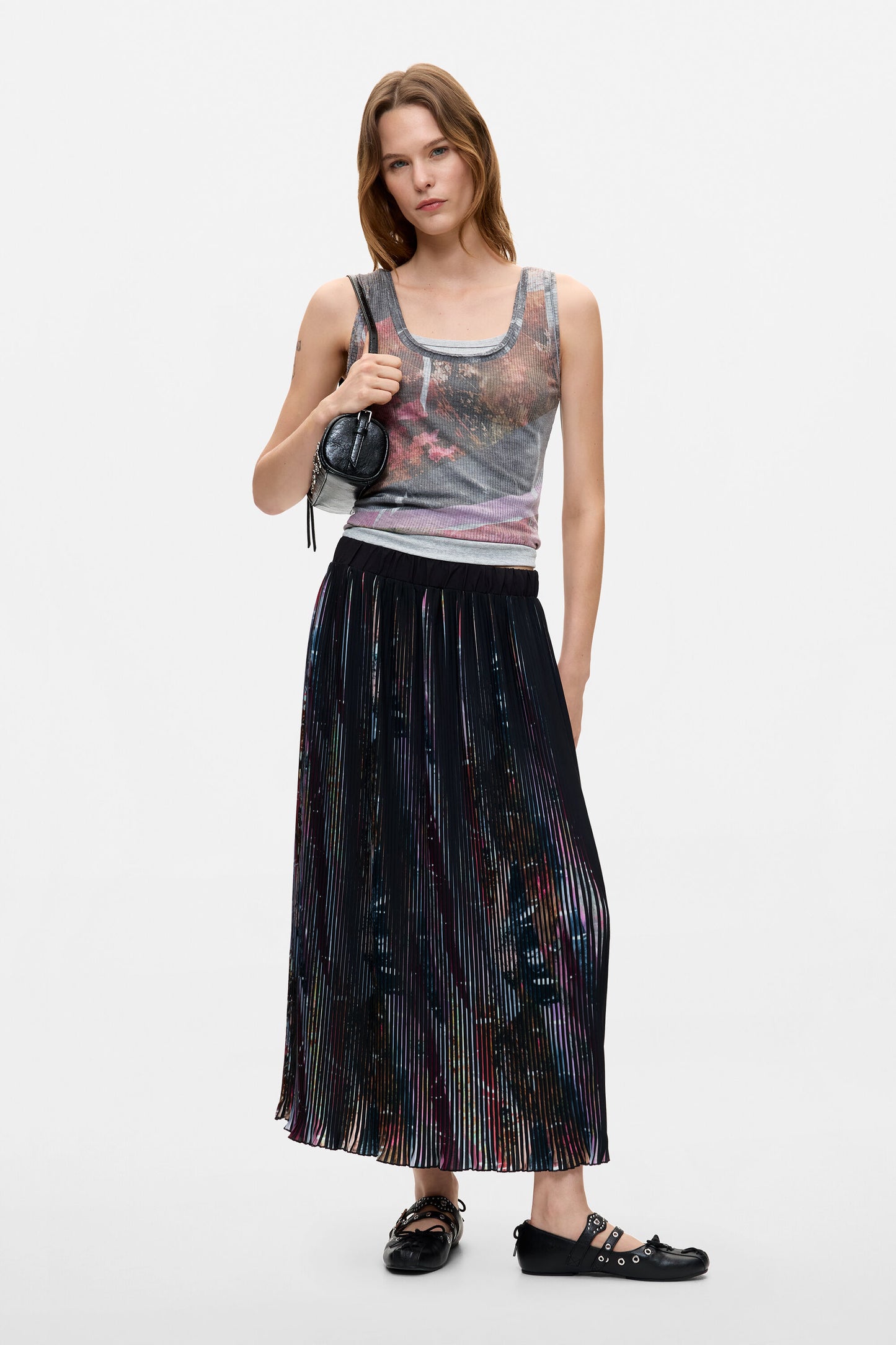 Desigual Pleated Black/Floral Midi Skirt
