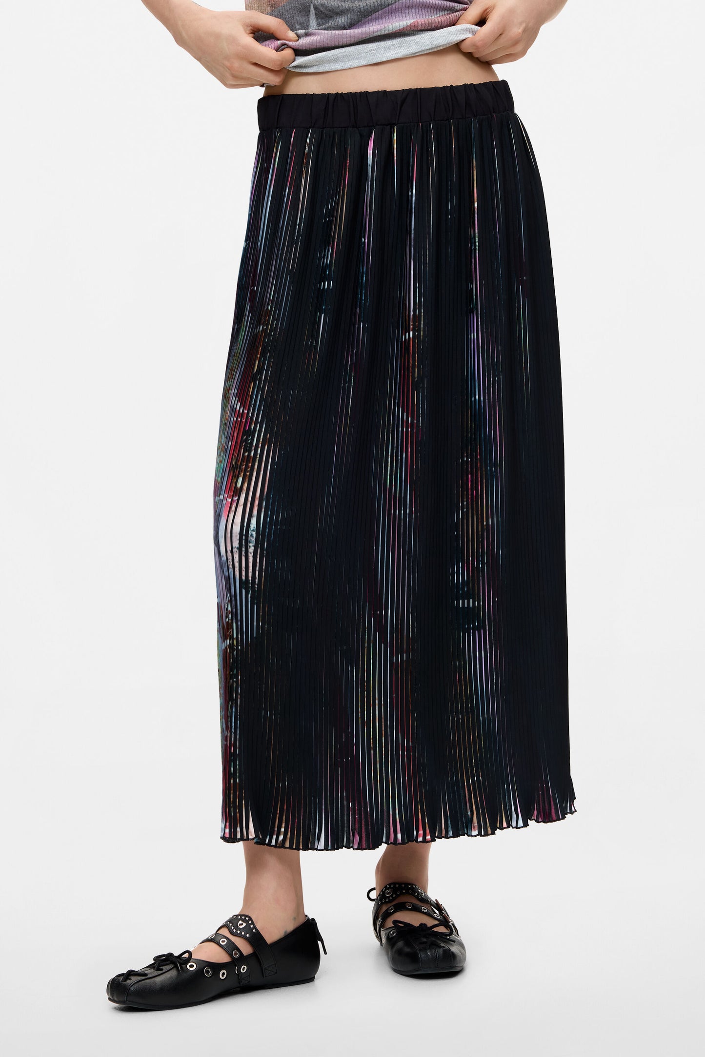 Desigual Pleated Black/Floral Midi Skirt