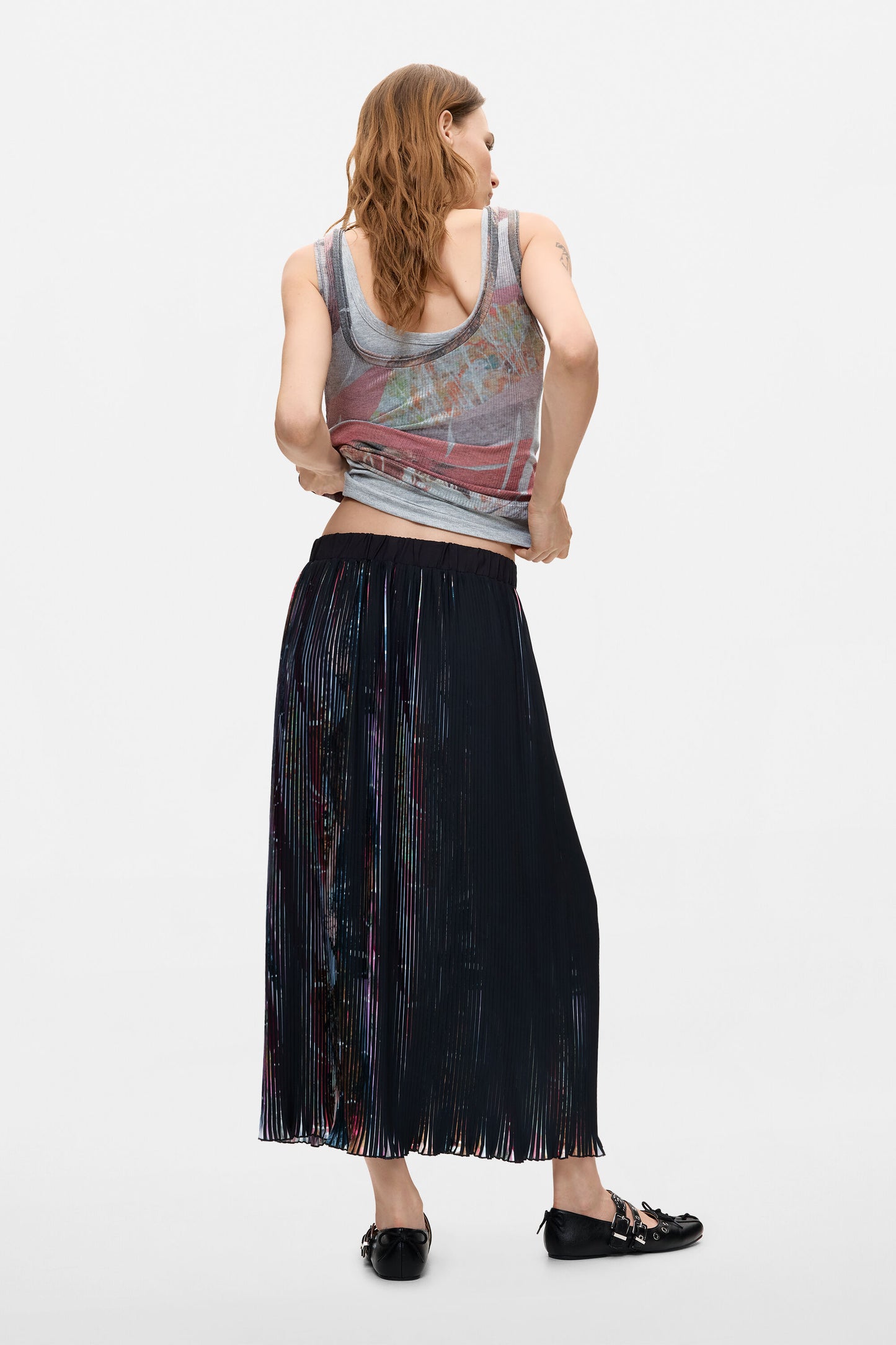Desigual Pleated Black/Floral Midi Skirt