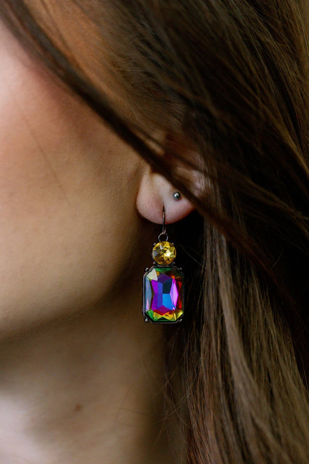 Last True Angel Multi Colour Twin Gem Hook-Thru Earrings with Yellow Detail
