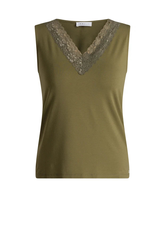 Ivy Beau Hilja Khaki Gren Lace Vest Top