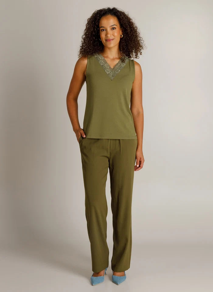 Ivy Beau Hilja Khaki Gren Lace Vest Top