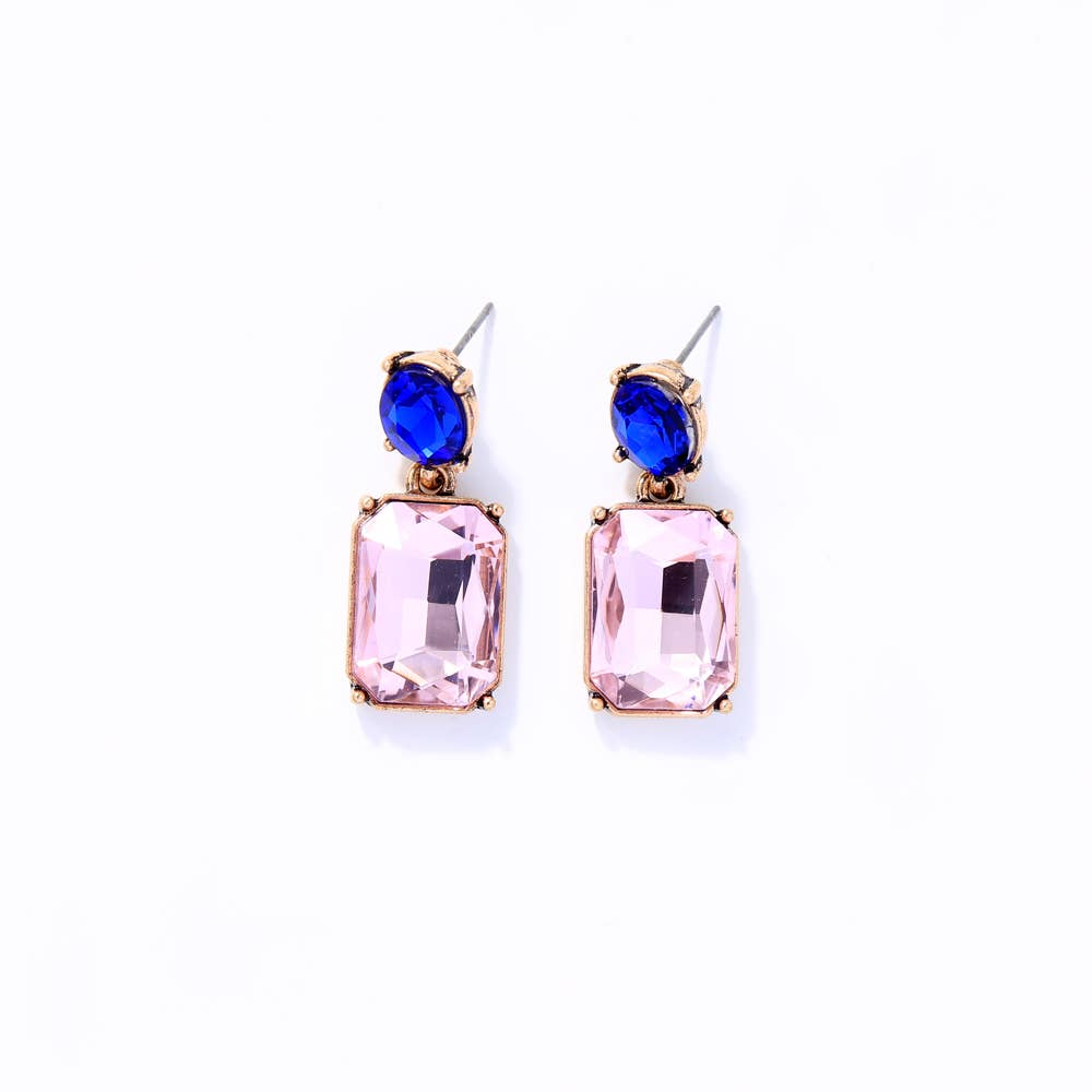 Last True Angel Soft Pink Twin Gem Stud Dangle Earrings with Royal Blue Detail