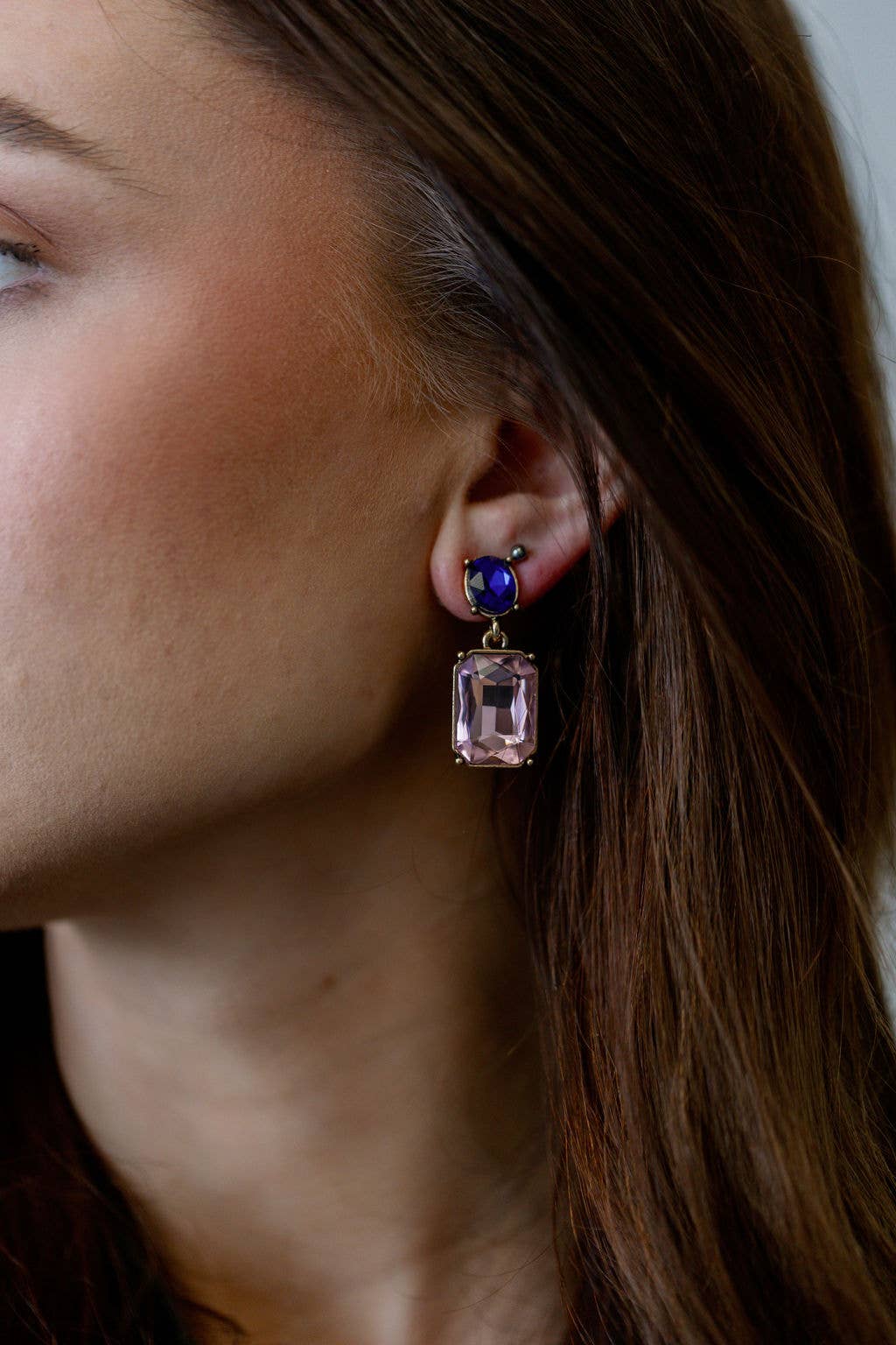 Last True Angel Soft Pink Twin Gem Stud Dangle Earrings with Royal Blue Detail