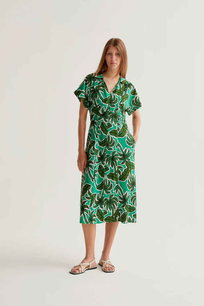 Compania Fantastică Green Palm Print Midi Dress