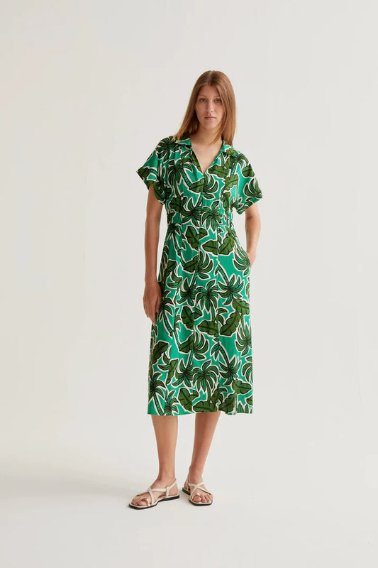 Compania Fantastică Green Palm Print Midi Dress