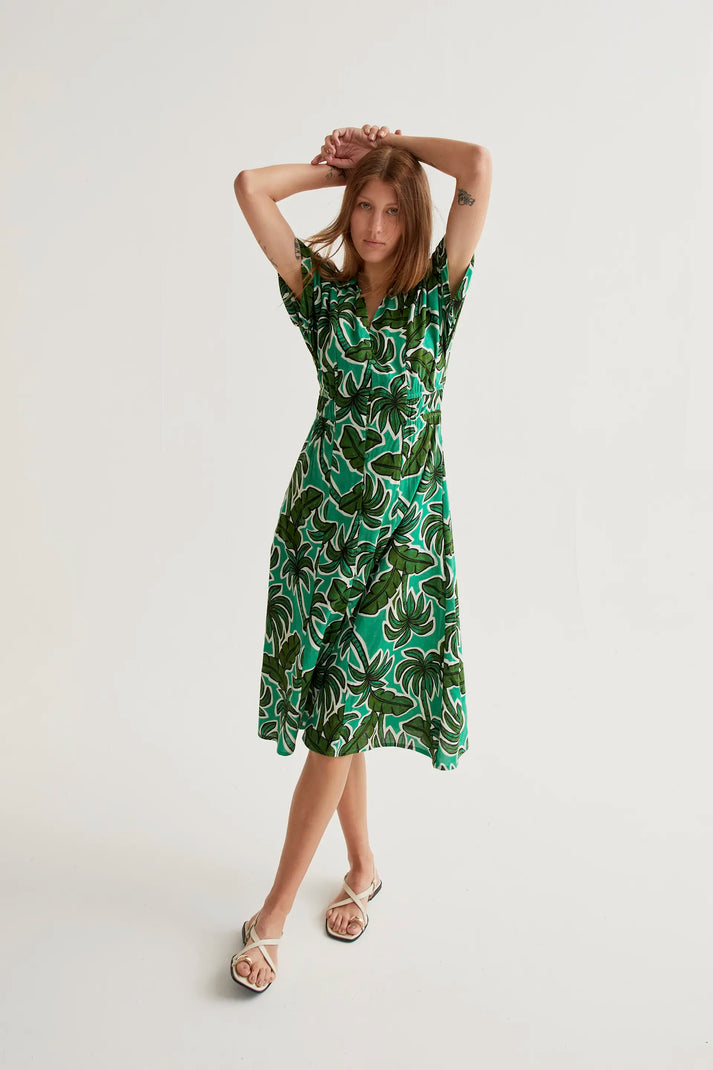 Compania Fantastică Green Palm Print Midi Dress