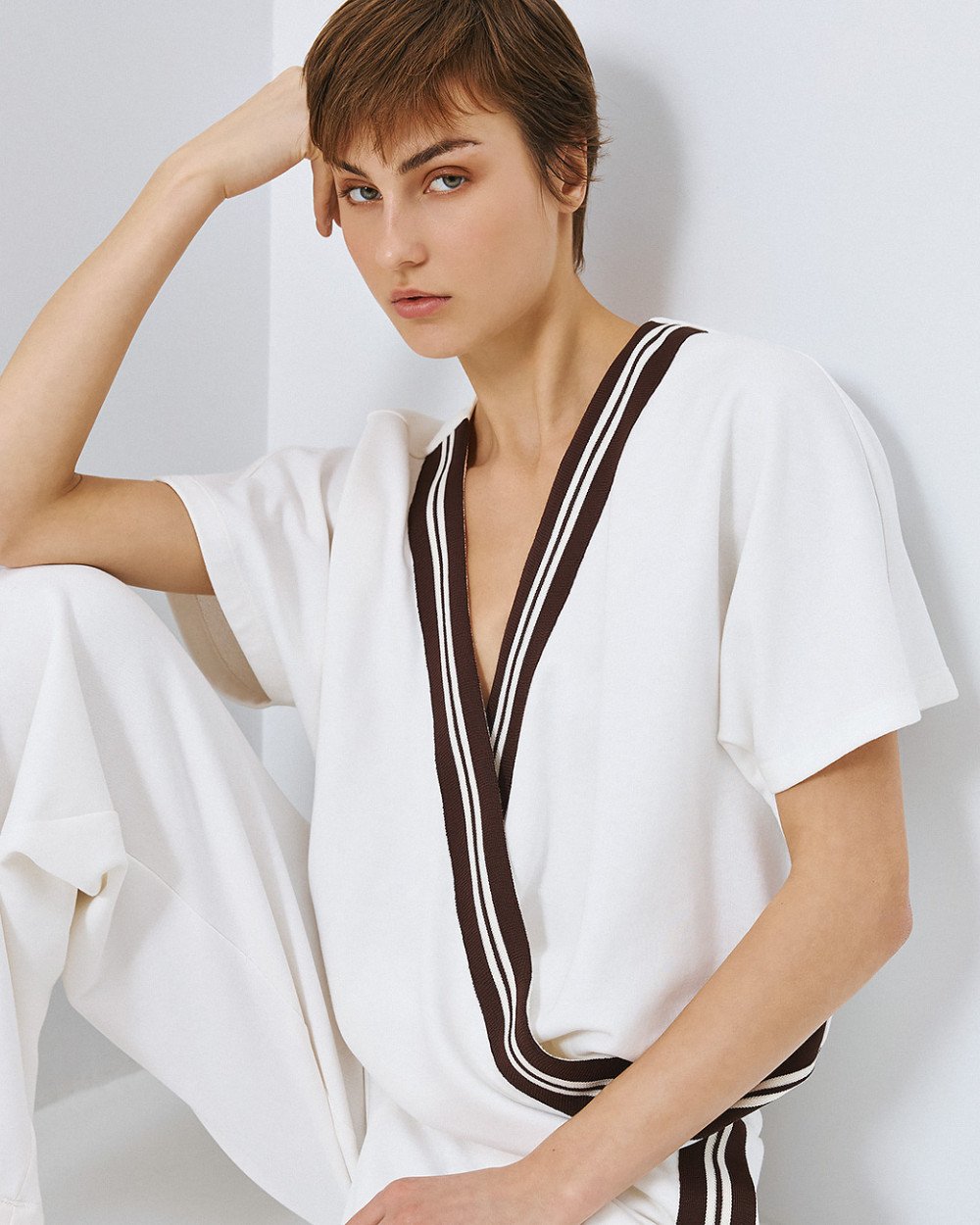 Access Wrap Sweatshirt Top with Striped Detail.