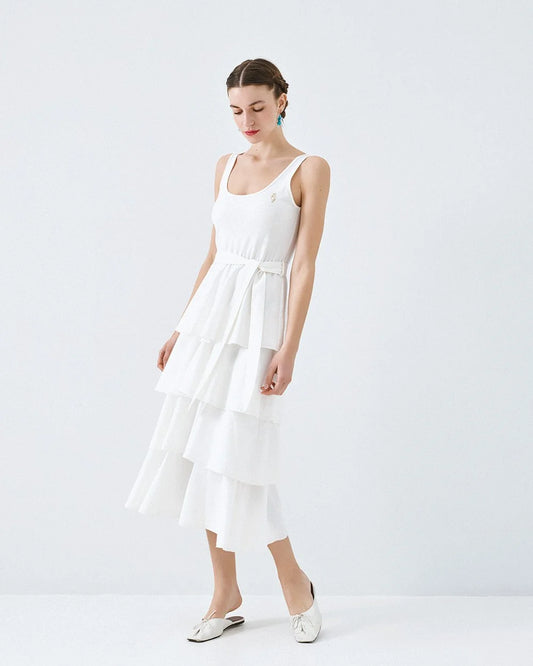 Access White Sleeveless Dress With Layered Skirt