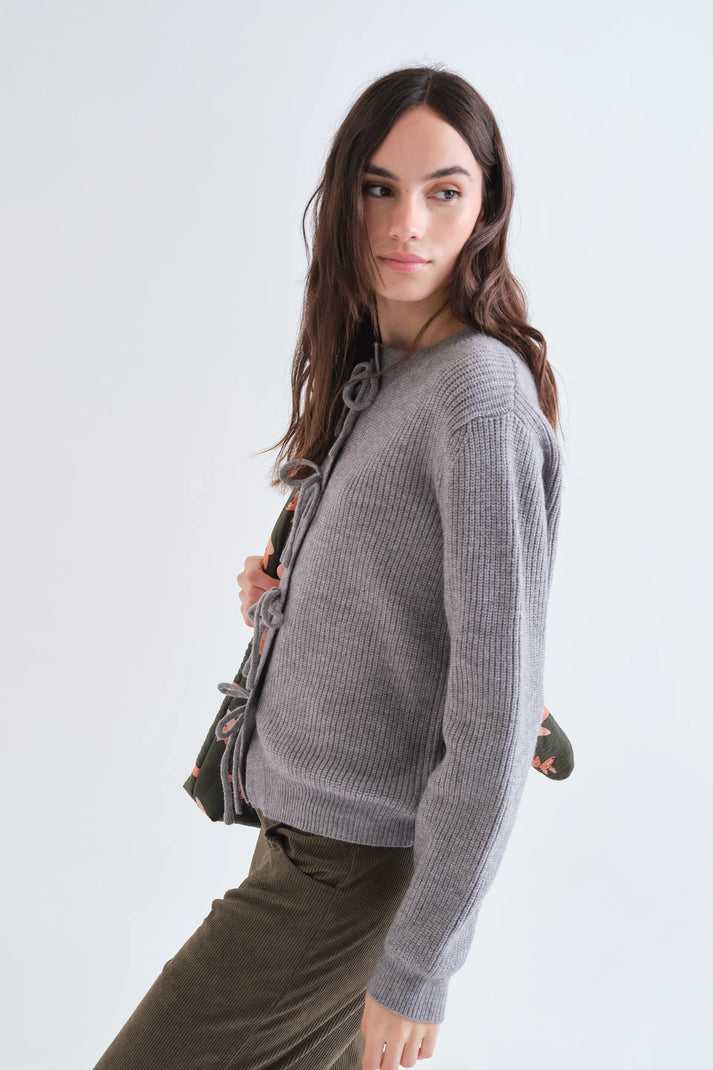 Compania Fantastică Grey cardigan with Tie Detail