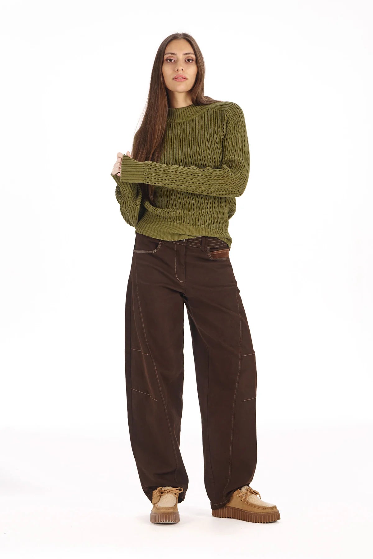 Komodo Amelia Chocolate Brown Cotton Barrel Leg Trousers