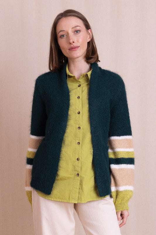 Nomads Teal Cardigan with Striped Sleeves