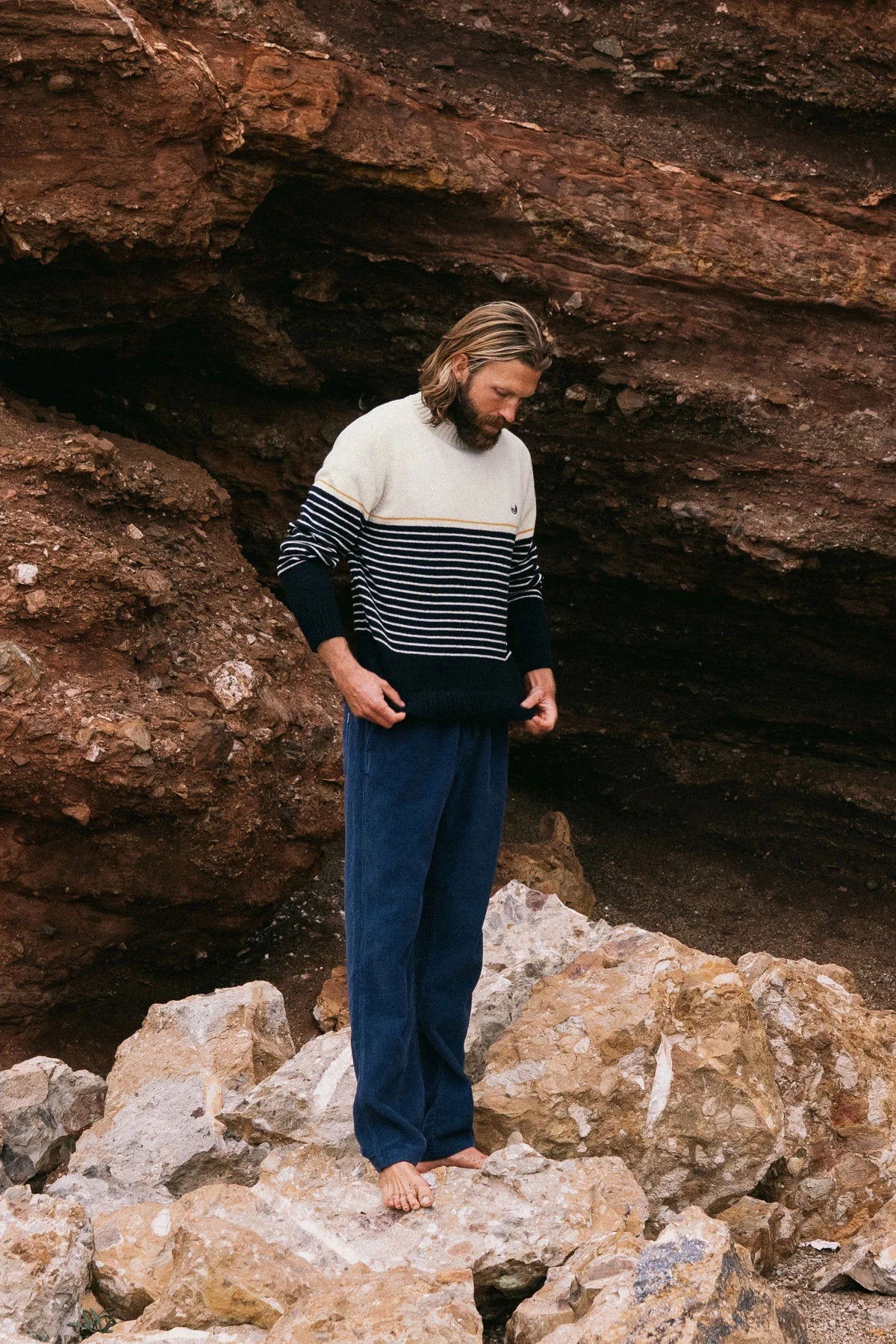 Two Thirds Robberg Navy/Ecru Striped Wool Jumper