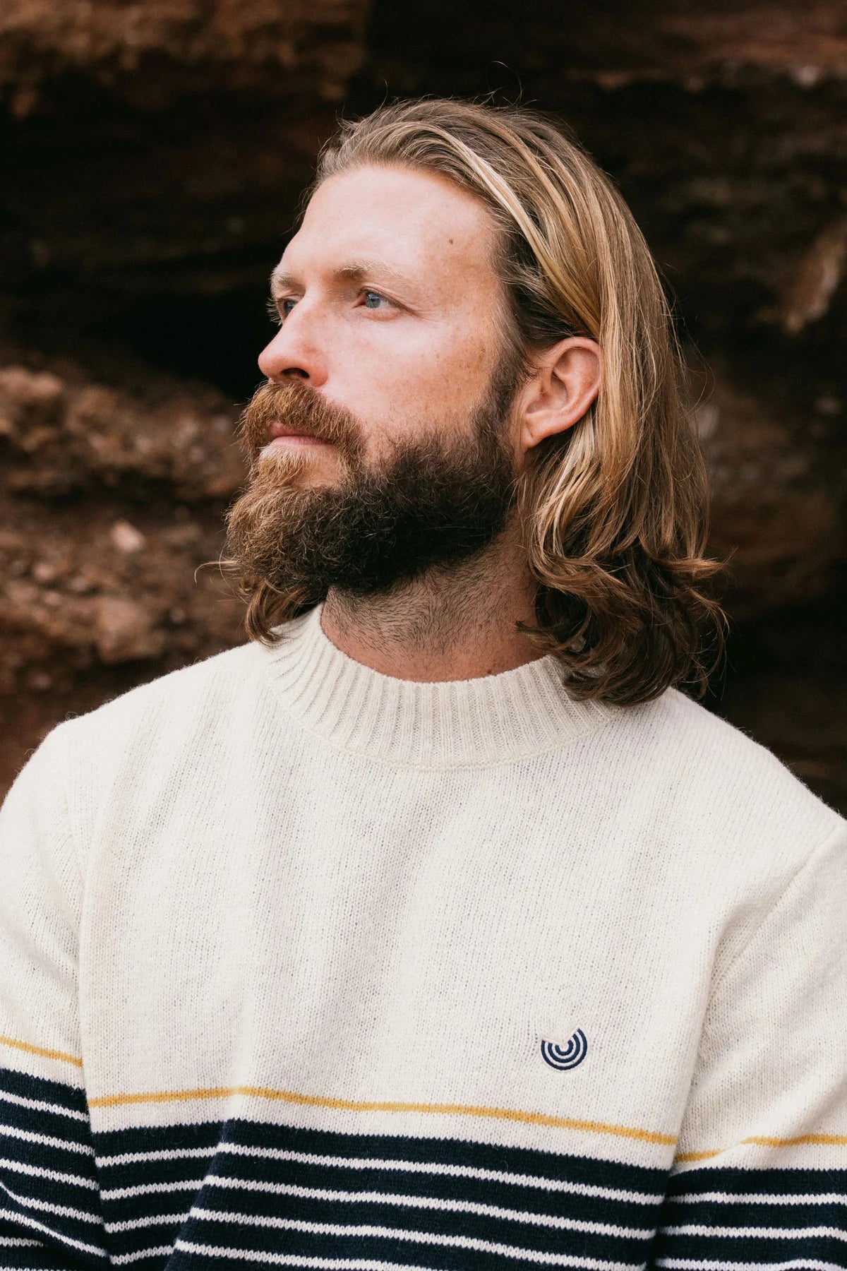 Two Thirds Robberg Navy/Ecru Striped Wool Jumper