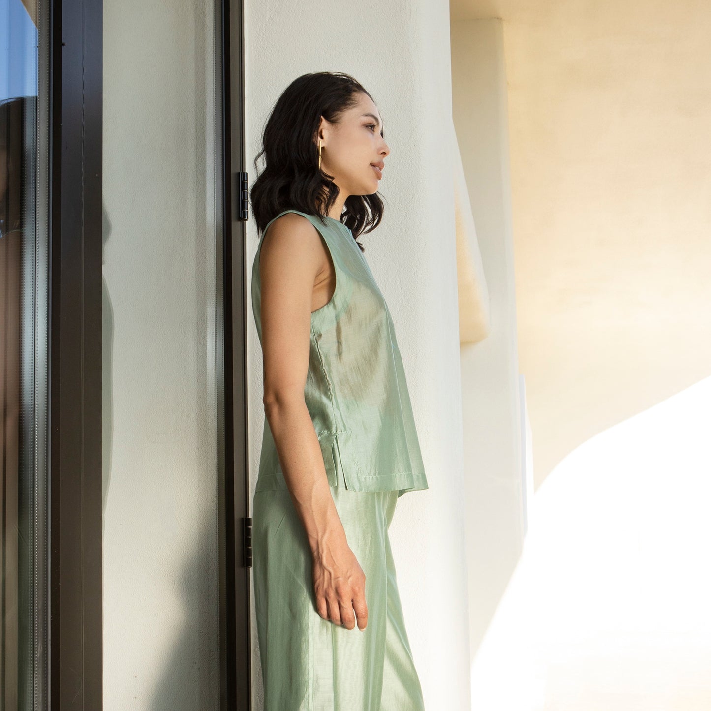 Aggel Aloe Green Semi-Sheer Top With Knit Detail