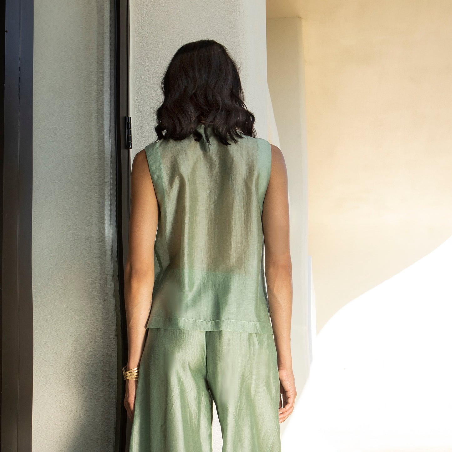 Aggel Aloe Green Semi-Sheer Top With Knit Detail