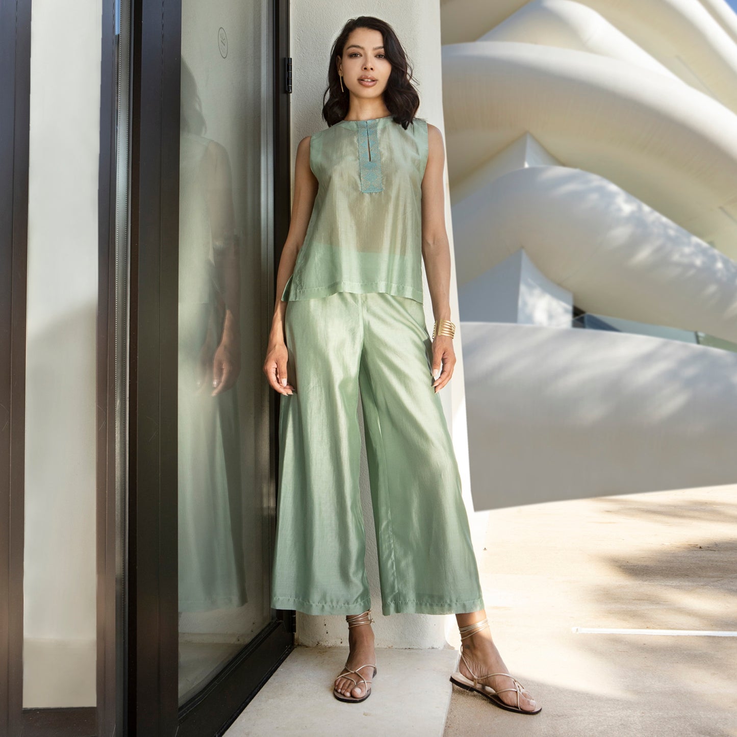 Aggel Aloe Green Semi-Sheer Top With Knit Detail