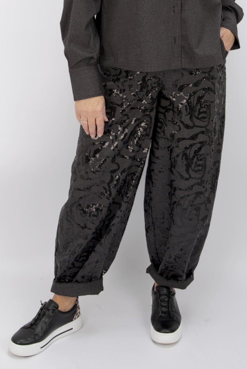 Noen Grey Pinstripe Barrel Trousers with Sparkle Detail