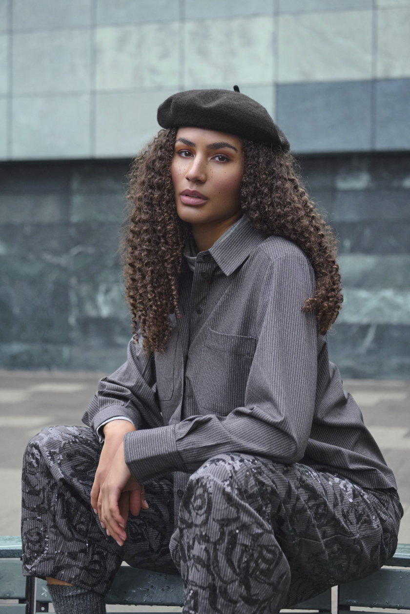 Noen Grey Pinstripe Barrel Trousers with Sparkle Detail