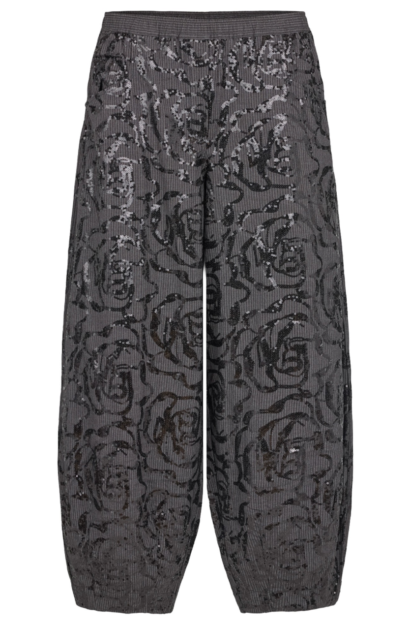 Noen Grey Pinstripe Barrel Trousers with Sparkle Detail