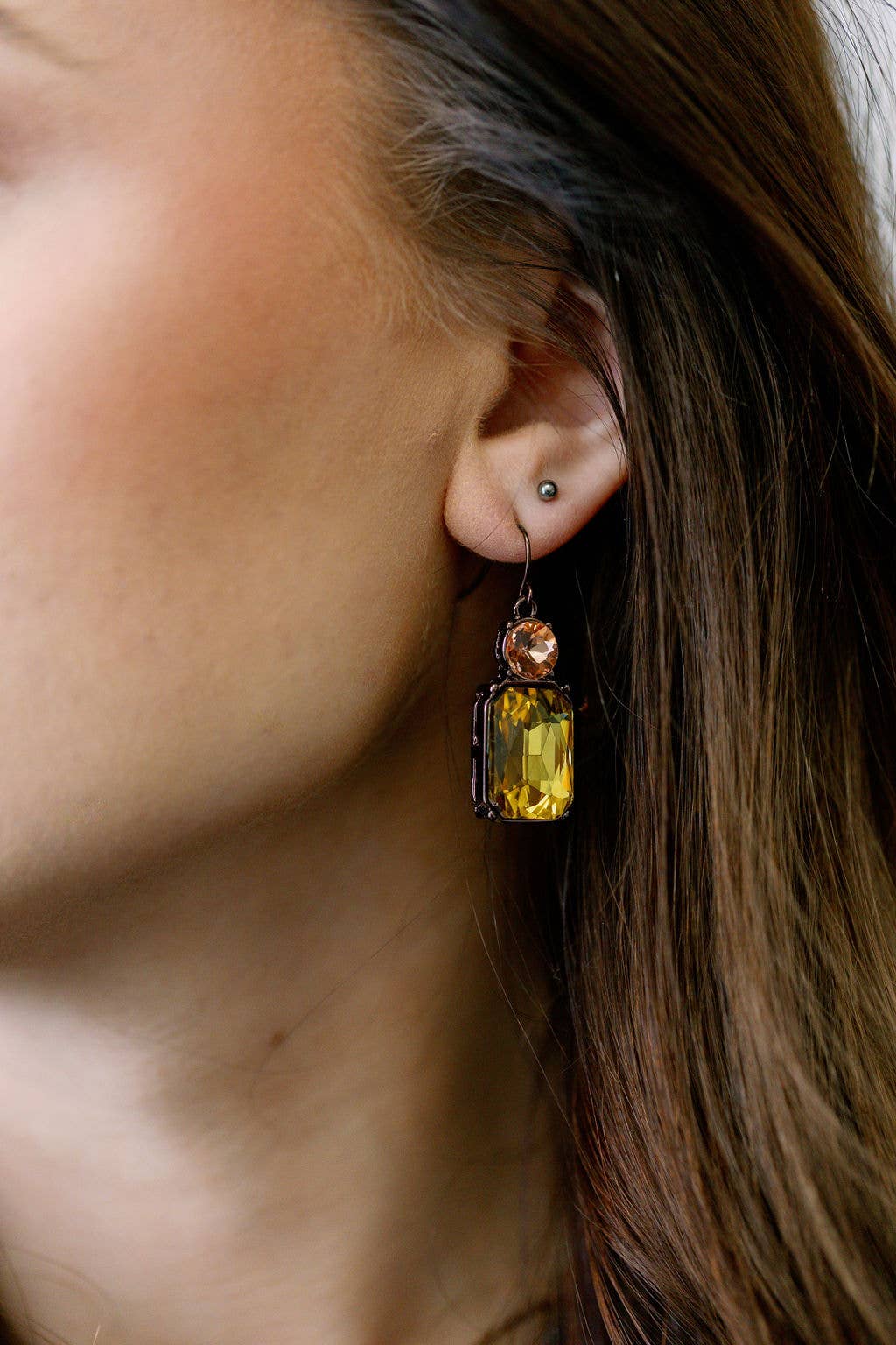 Last True Angel Yellow Twin Gem Hook-Thru Earrings with Amber Detail