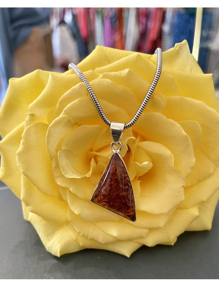 Amber and Silver Triangle Pendant Necklace