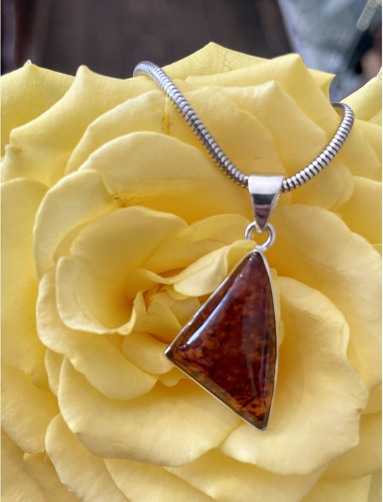 Amber and Silver Triangle Pendant Necklace