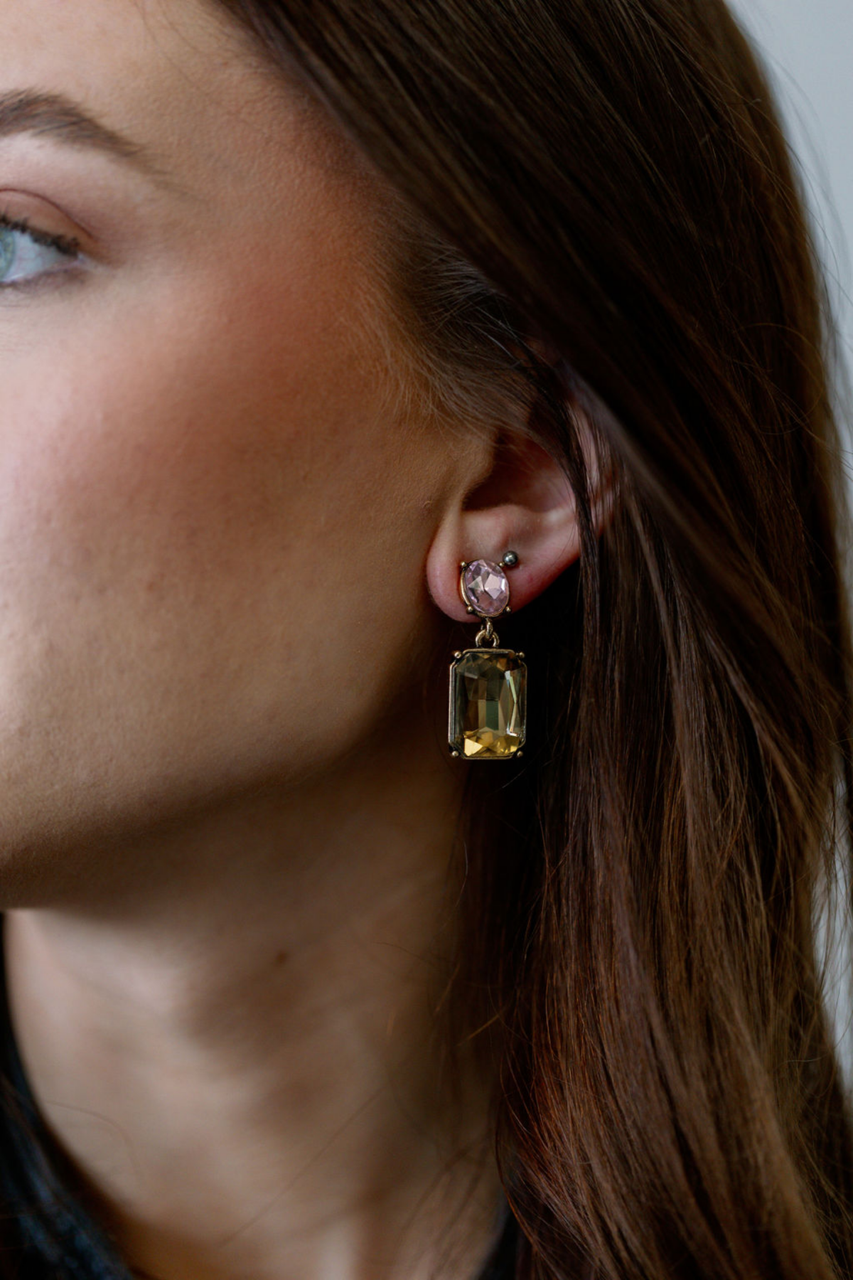 Last True Angel Amber Twin Gem Stud Dangle Earrings with Soft Pink Detail