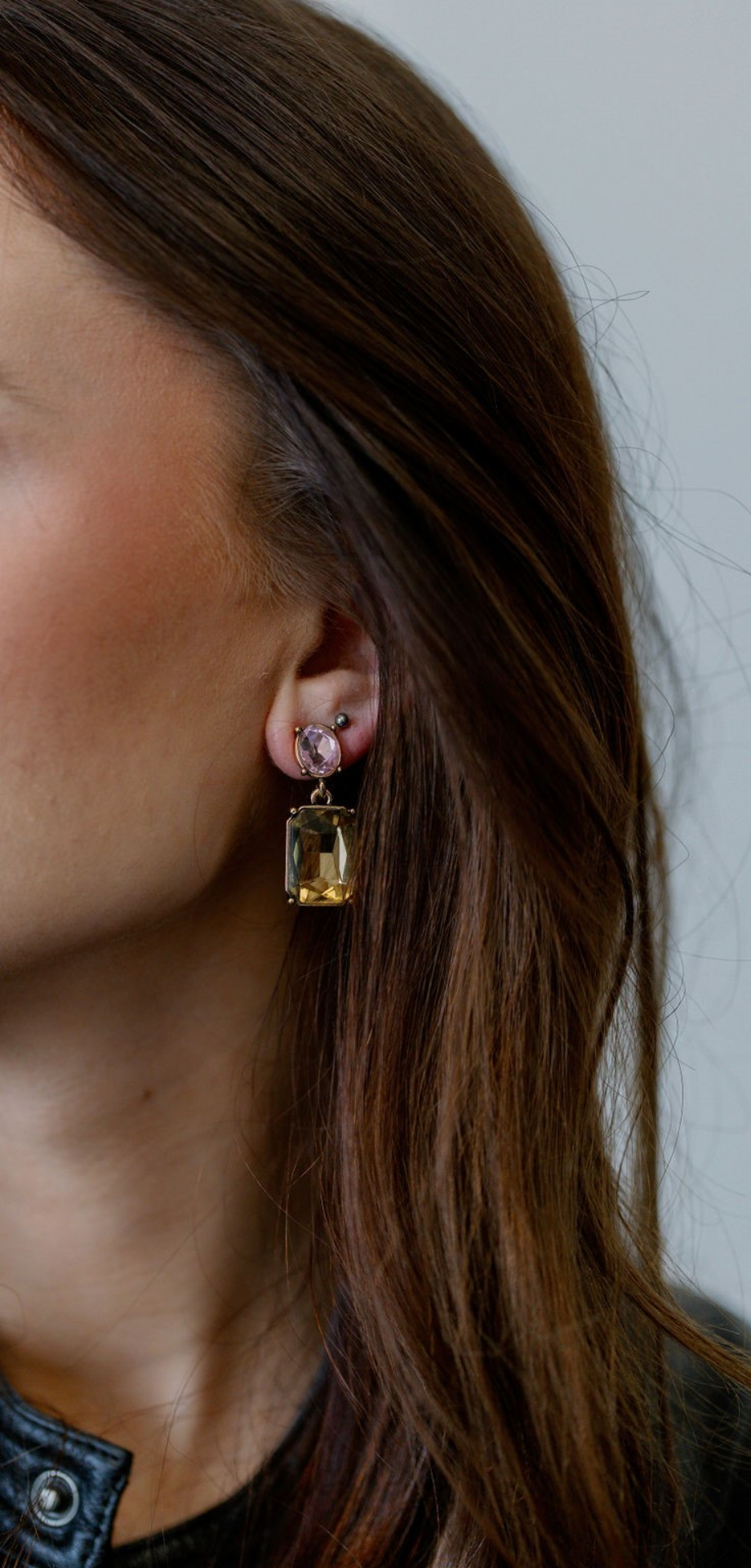 Last True Angel Amber Twin Gem Stud Dangle Earrings with Soft Pink Detail